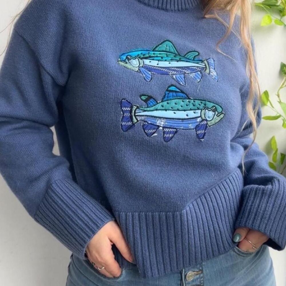 Upcycled patchwork fish embroidered dusty blue collared knit sweater